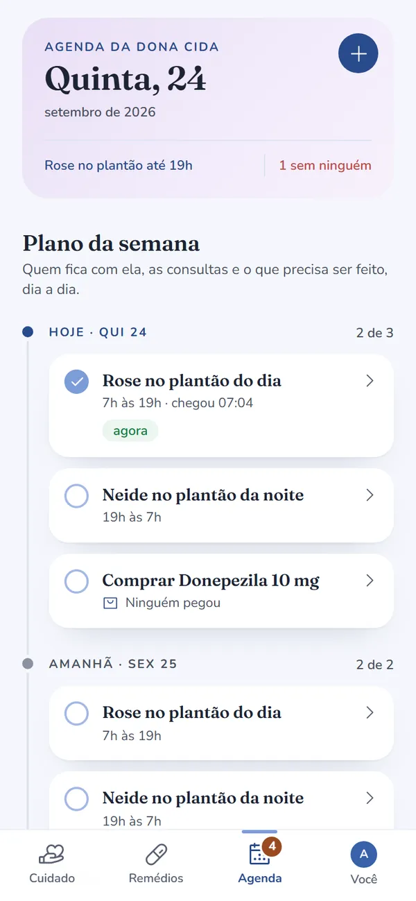 Tela Agenda da Dona Cida: Rose no plantão do dia, Neide no plantão da noite e um plantão sem ninguém no domingo.
