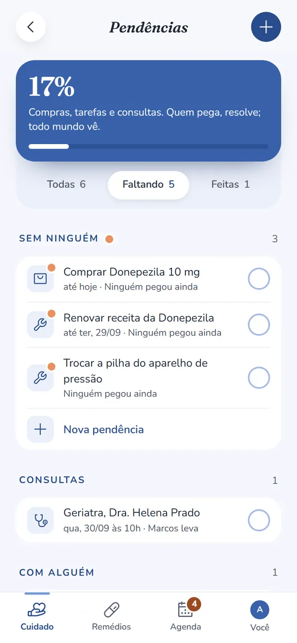 Tela Pendências: comprar Donepezila, renovar a receita e trocar a pilha do aparelho de pressão, ainda sem ninguém; consulta na geriatria com Marcos levando.